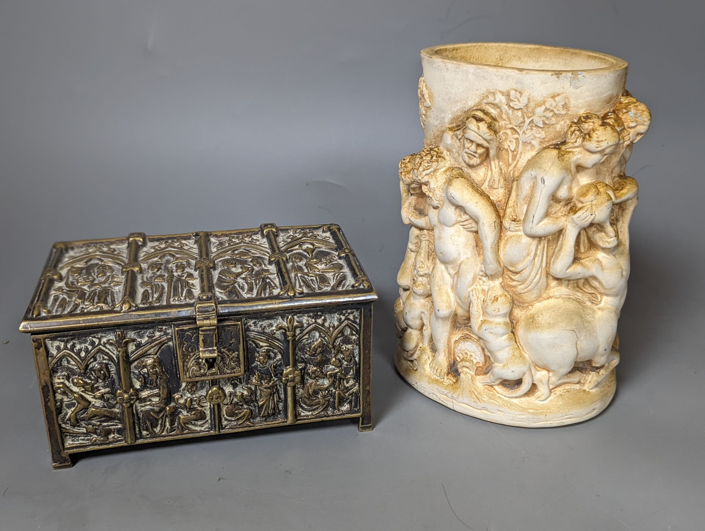 A classical figurative pot and a brass casket, 15.5cm